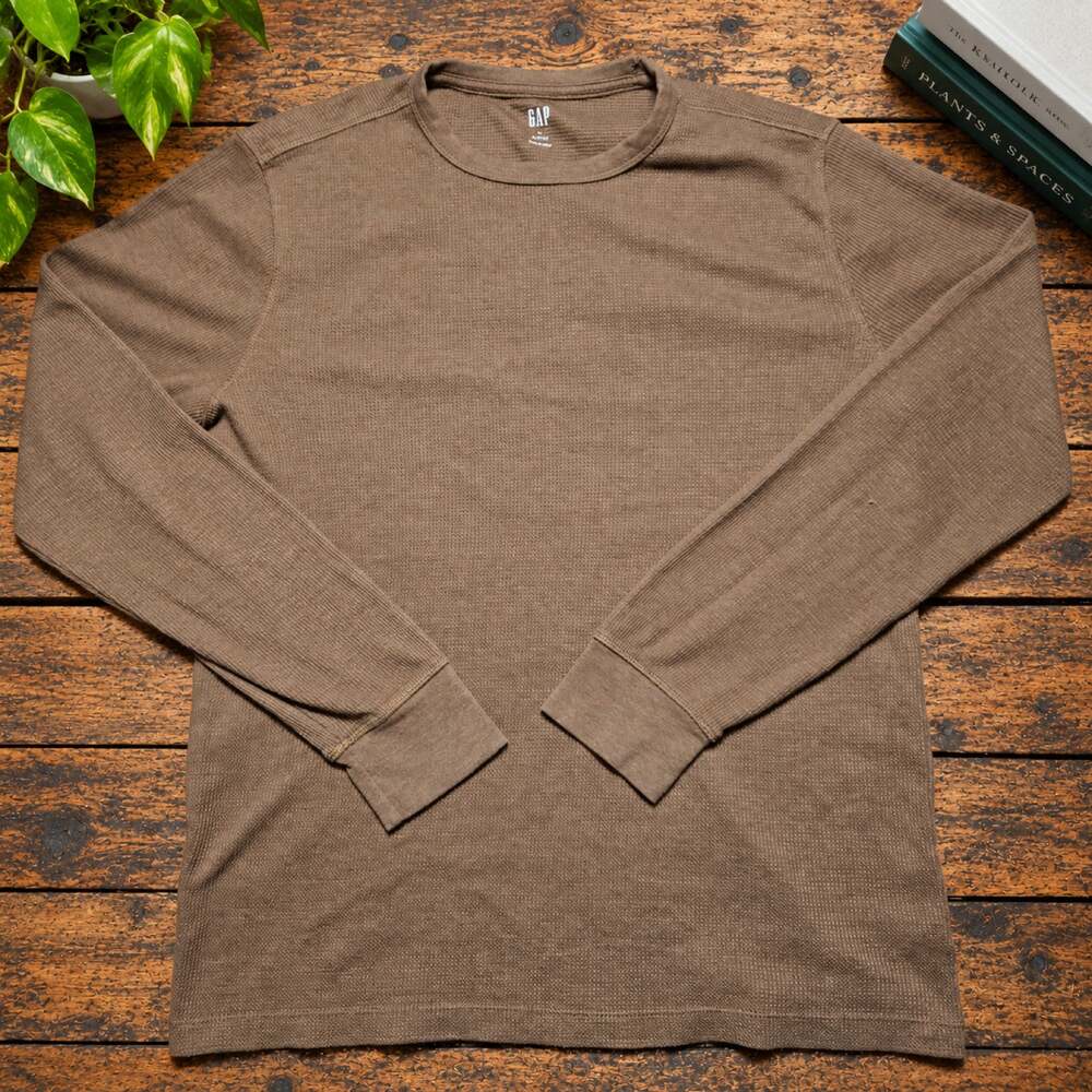 Gap Waffle Knit Thermal Shirt Mens Large Brown Long Sleeve Crew Neck Layer Top